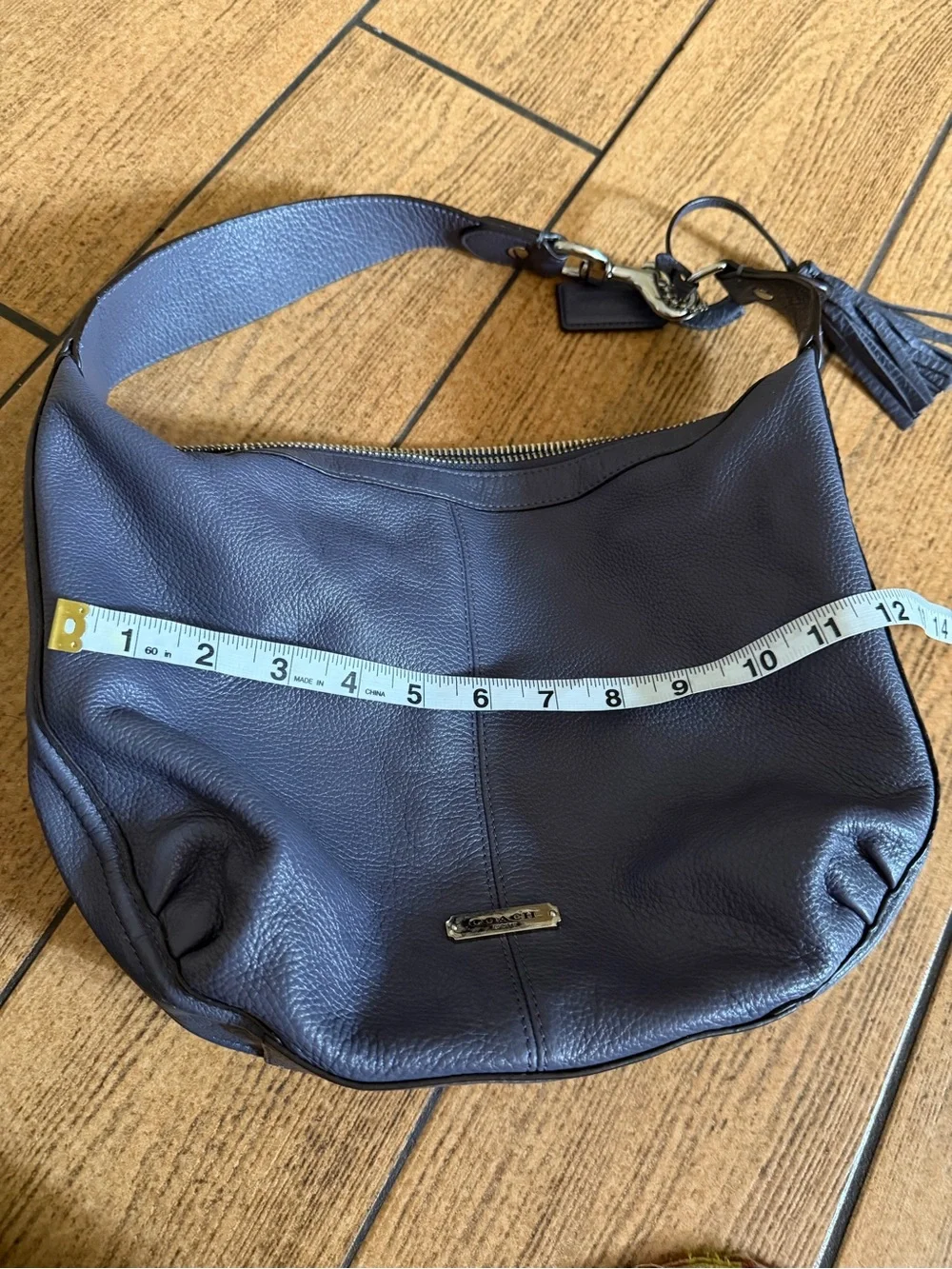 COACH Leather Hobo Shoulder Bag Slate Blue Gray Pebbled Leather Tassel
